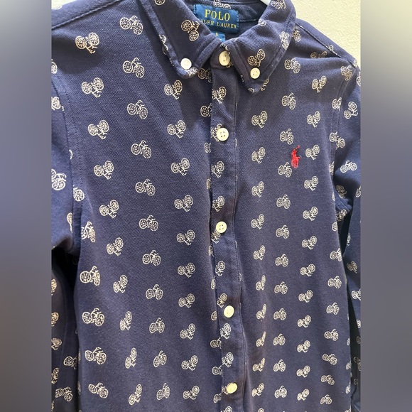 Polo by Ralph Lauren Knit Cotton Oxford Navy Blue Shirt Bicycle Print Boy Size 6 - Picture 5 of 9